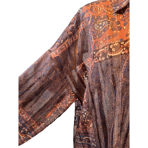 ZARA M Bohemian Brown Rust Blue Print Dolman Sleeve Button-Down Blouse - Picture 12 of 16